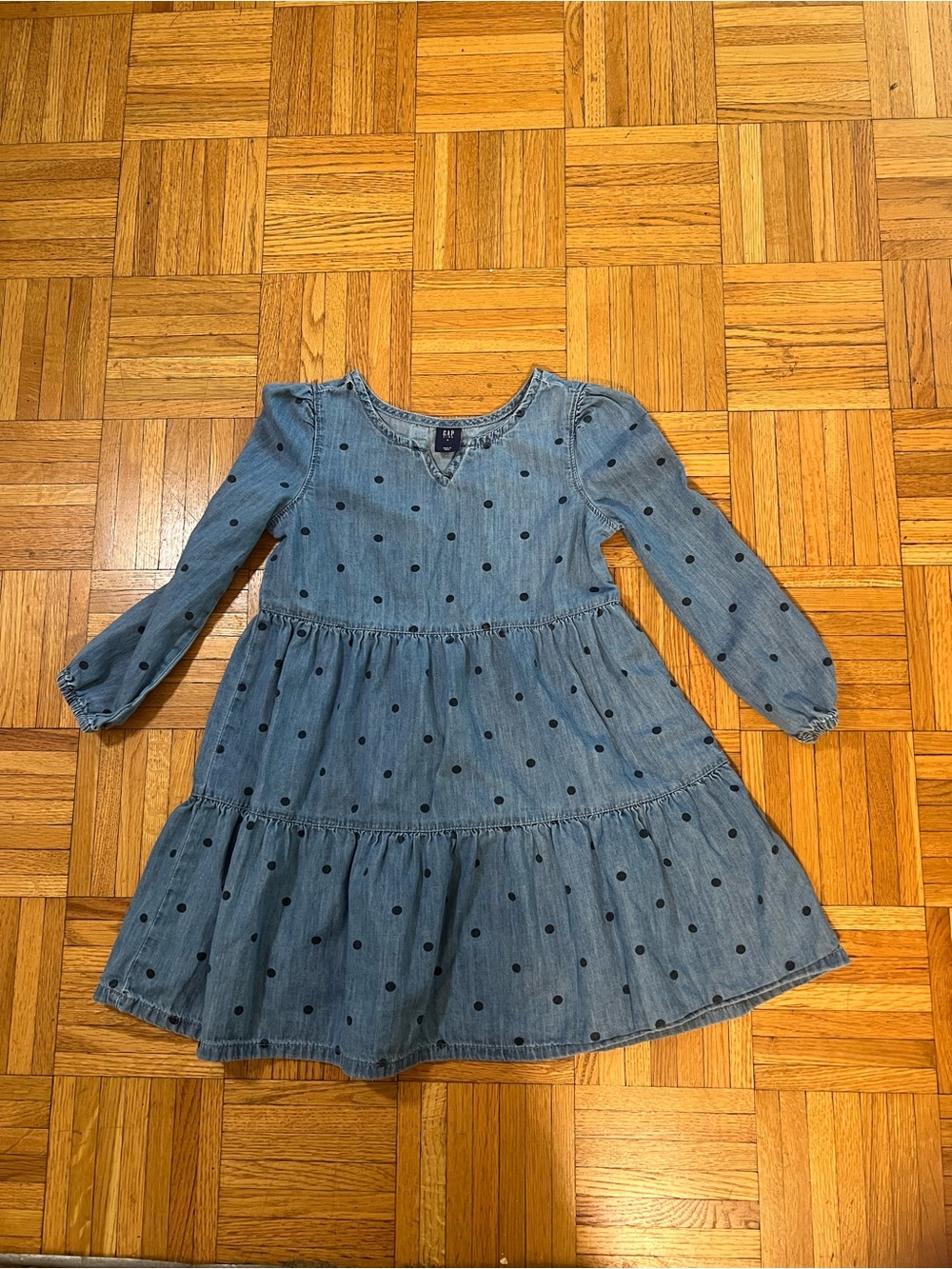GAP Blue Denim Polka Dot Tiered Long-Sleeve Dress size small
